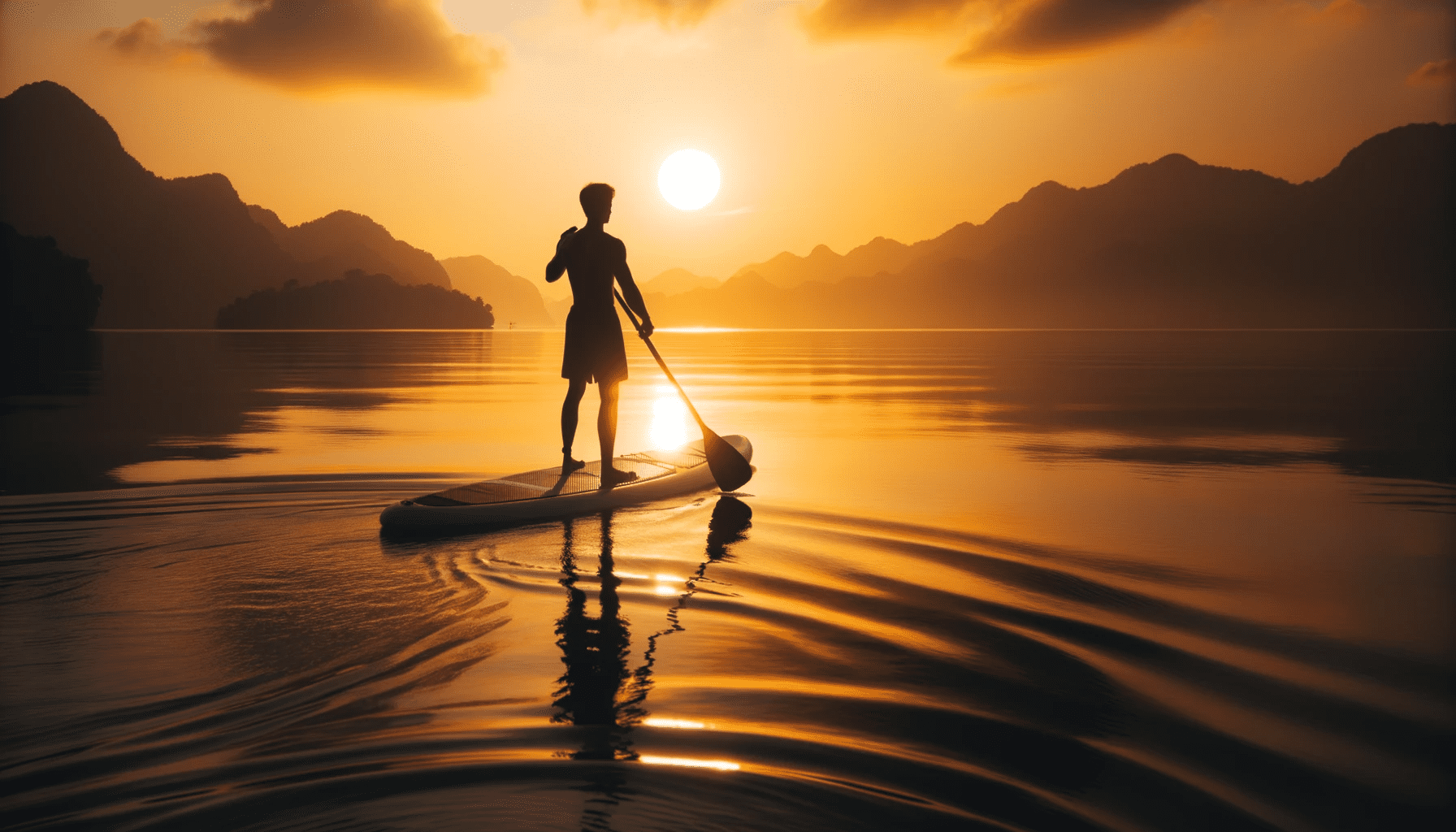 Photo of a silhouette of a beginner paddleboarder at sunset, with calm waters reflecting the golden hues