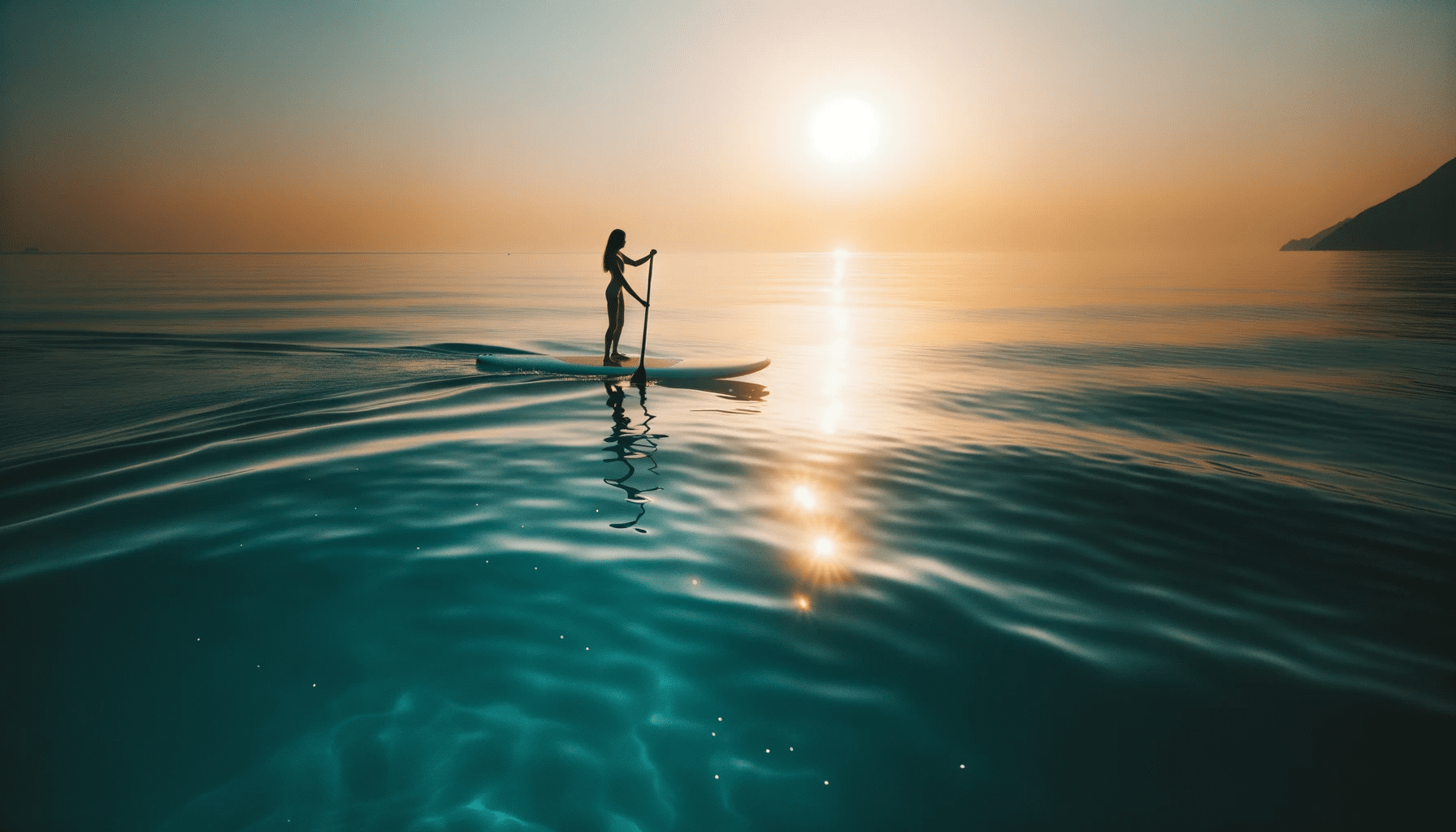 Photo of a calm azure sea during golden hour. The sun casts a warm glow on the horizon. A silhouette of a person stands on a paddleboard, gracefully g