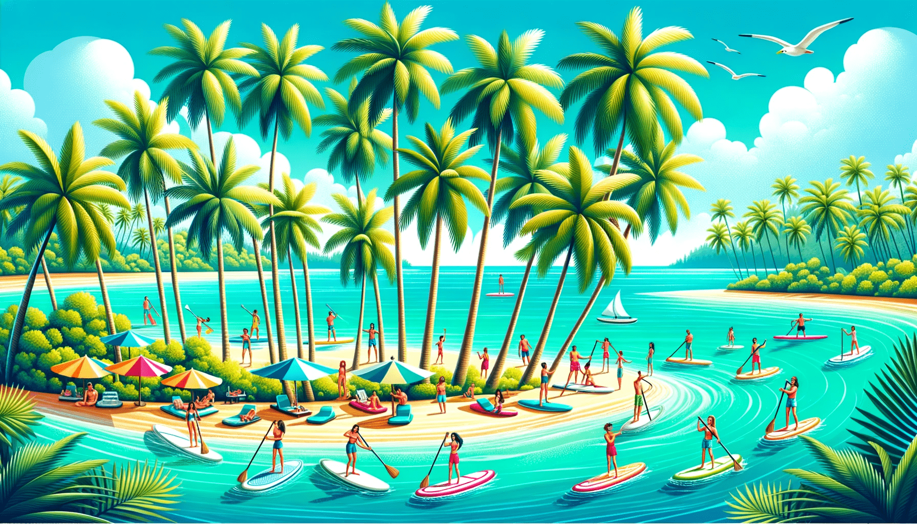 llustration-of-a-vibrant-tropical-beach-setting.-Palm-trees-sway-gently-in-the-breeze-and-the-turquoise-water-shimmers-under-the-sun.-A-diverse-group