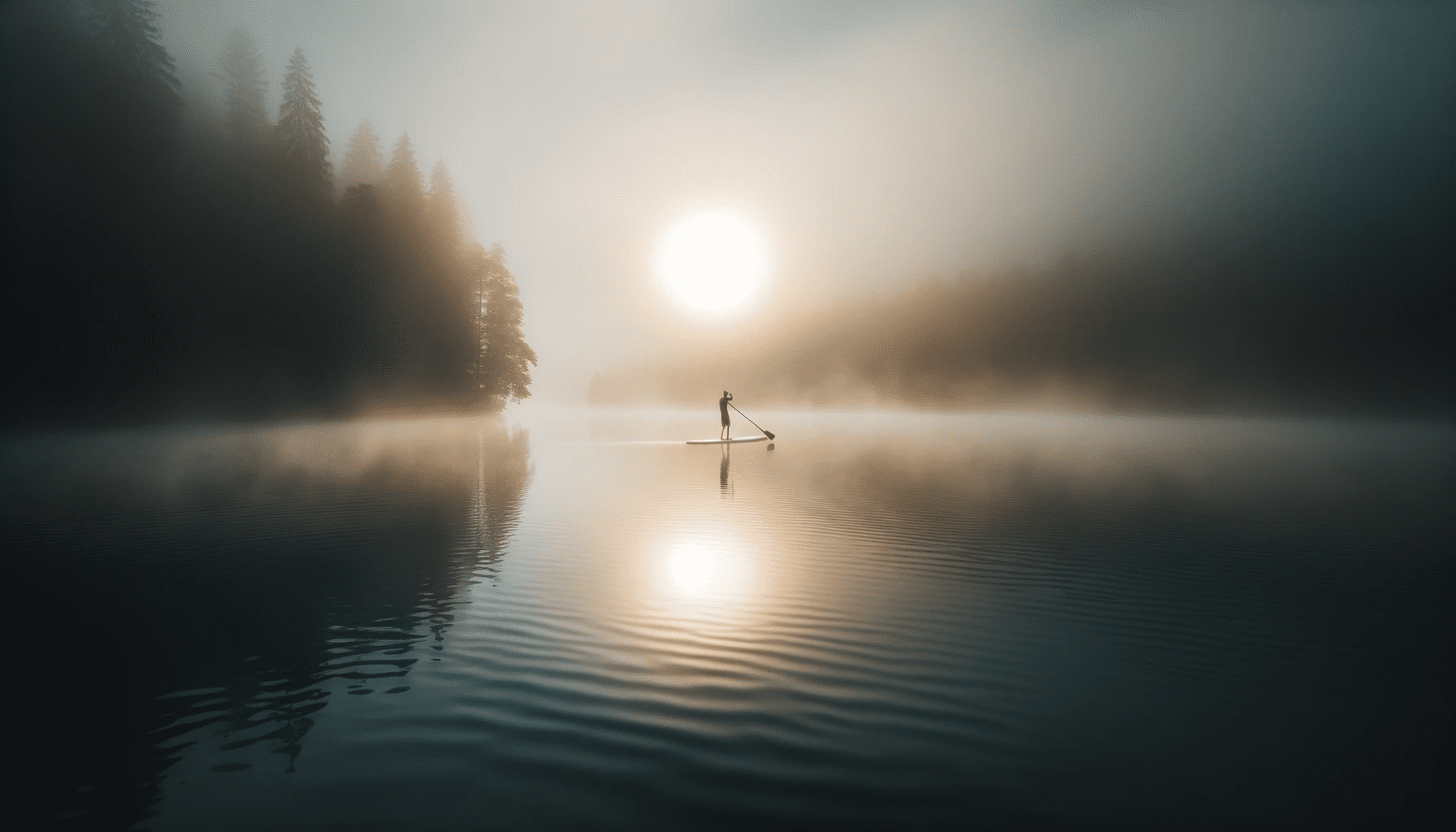 Photo of a misty morning on a tranquil lake. The sun peeks through the fog, revealing the silhouette of a paddleboarder in the distance.