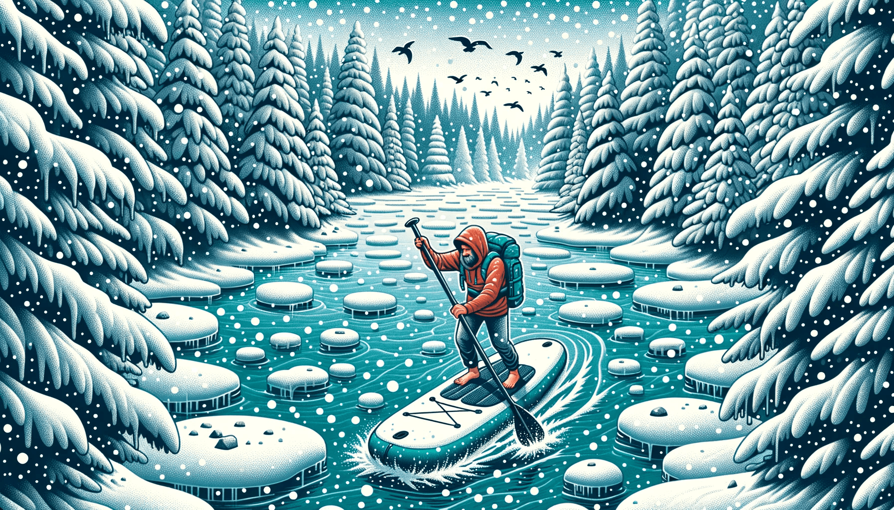 Illustration depicting a brave paddleboarder on an inflatable board amidst a frozen lake surrounded by snow-covered pine trees and falling snowflakes