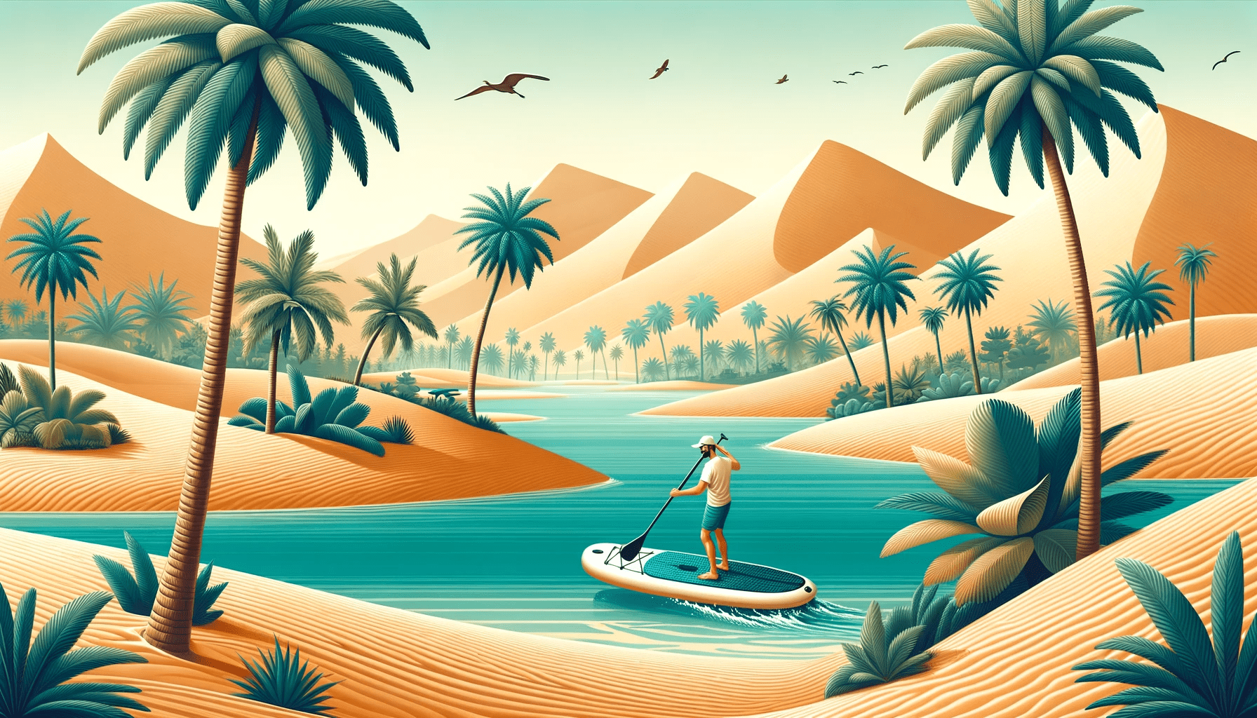 Illustration of a paddleboarder on an inflatable board in the middle of a desert oasis with palm trees and sand dunes in the background