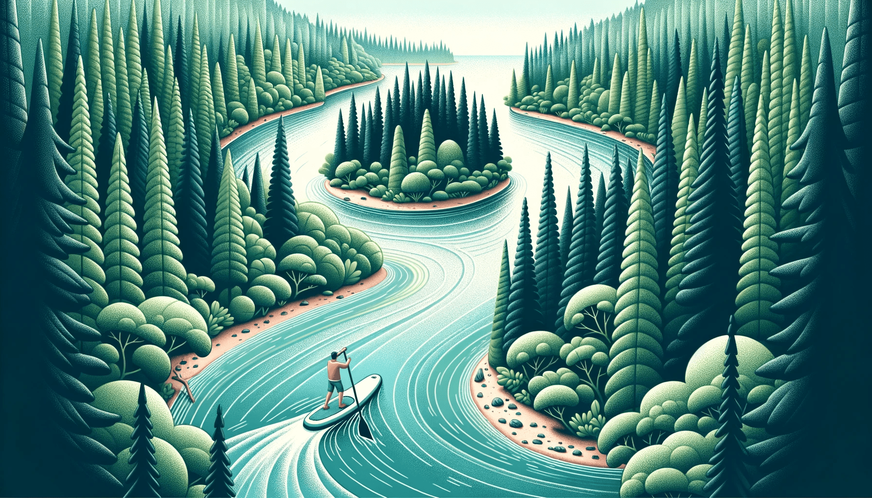 Illustration of a paddleboarder on an inflatable board navigating through a narrow, winding river surrounded by dense forests