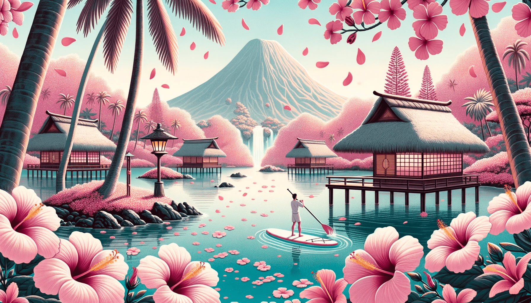 Illustration reminiscent of the serene Japanese garden setting, but transformed into a Hawaiian context. Pink hibiscus petals gently fall onto a lagoo