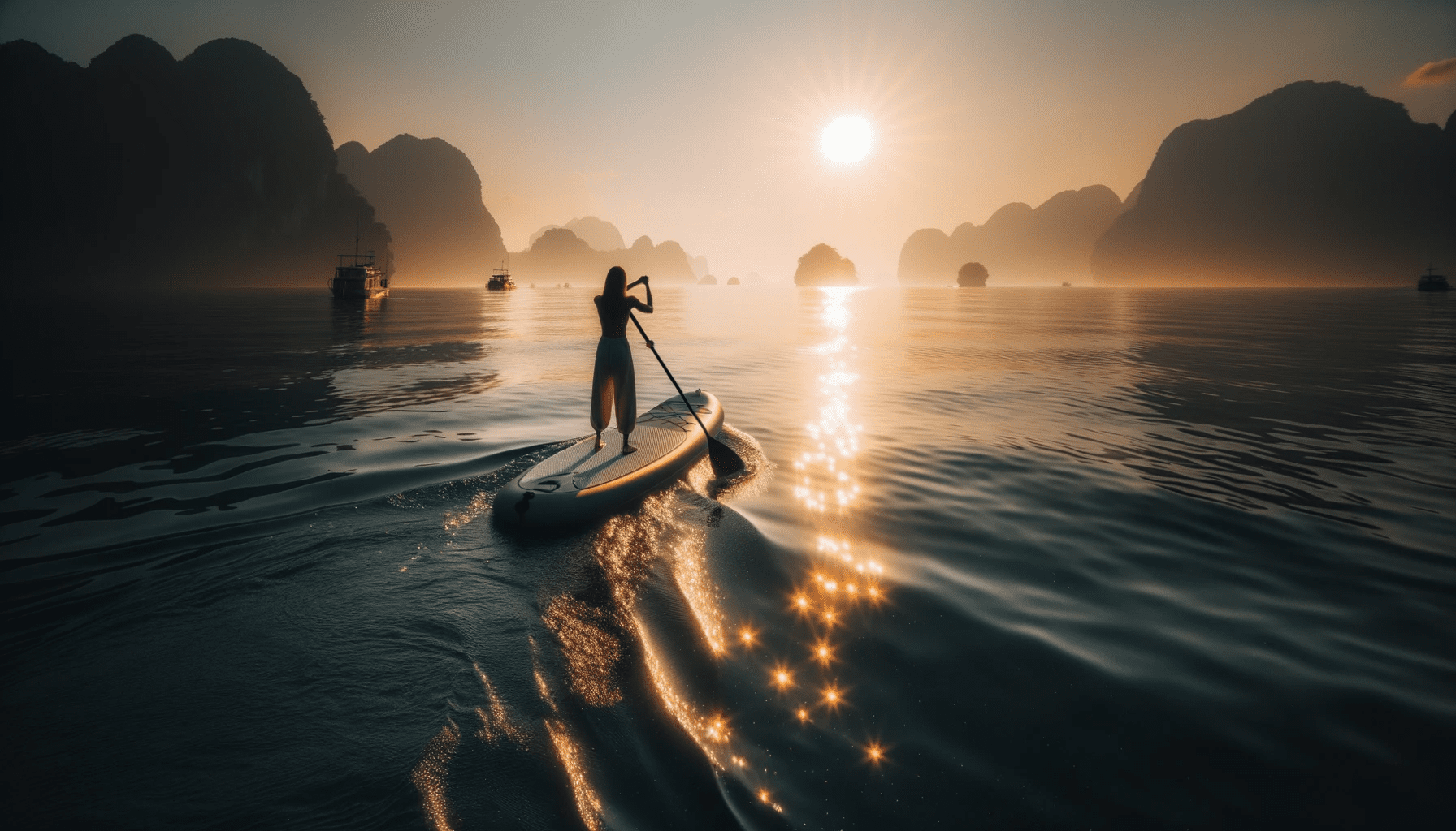 Photo capturing the first rays of the sun glistening over the water with the shadowy outline of a paddleboarder on an inflatable board moving towards