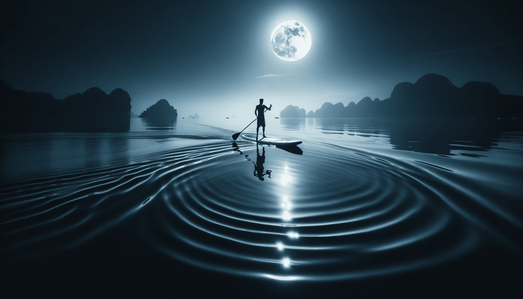 Photo capturing the serenity of nighttime with the moon's reflection shimmering on the water and a paddleboarder's silhouette creating ripples as they.