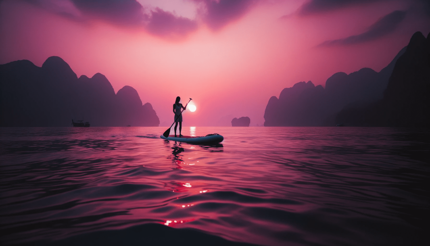 Photo capturing the silhouette of a lone paddleboarder on an inflatable board against the backdrop of a purplish-pink sunset