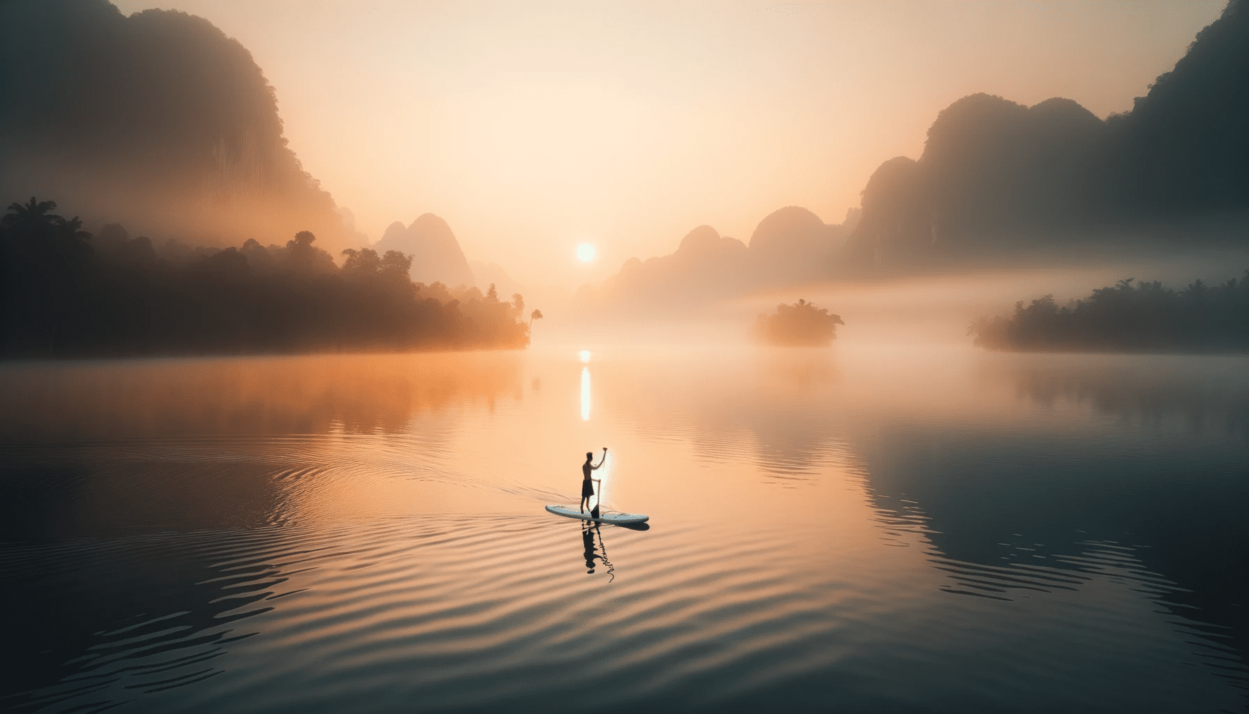 Photo depicting the early morning's gentle hues with a paddleboarder on calm waters surrounded by a light mist, capturing the serenity of dawn