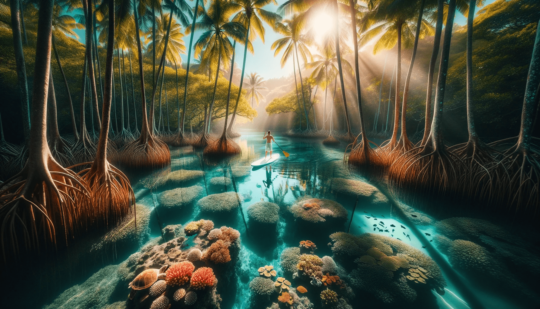 Photo inspired by the tranquil mangrove forest theme, but set in a Hawaiian mangrove ecosystem. Sunlight filters through palm trees, and the clear wat