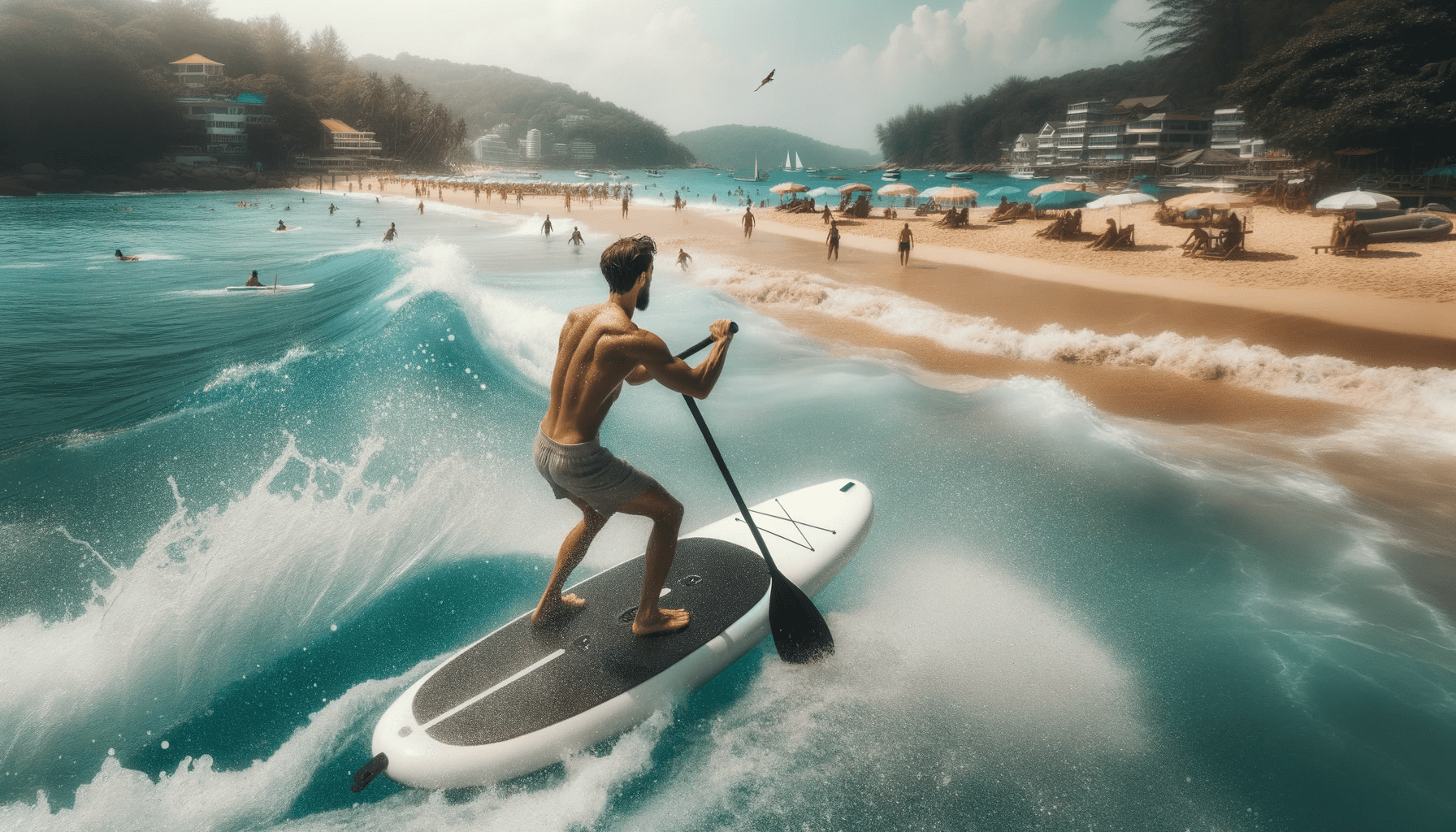 Photo of a paddleboarder on an inflatable board near a sandy beach with playful waves splashing around and distant beachgoers enjoying the sun