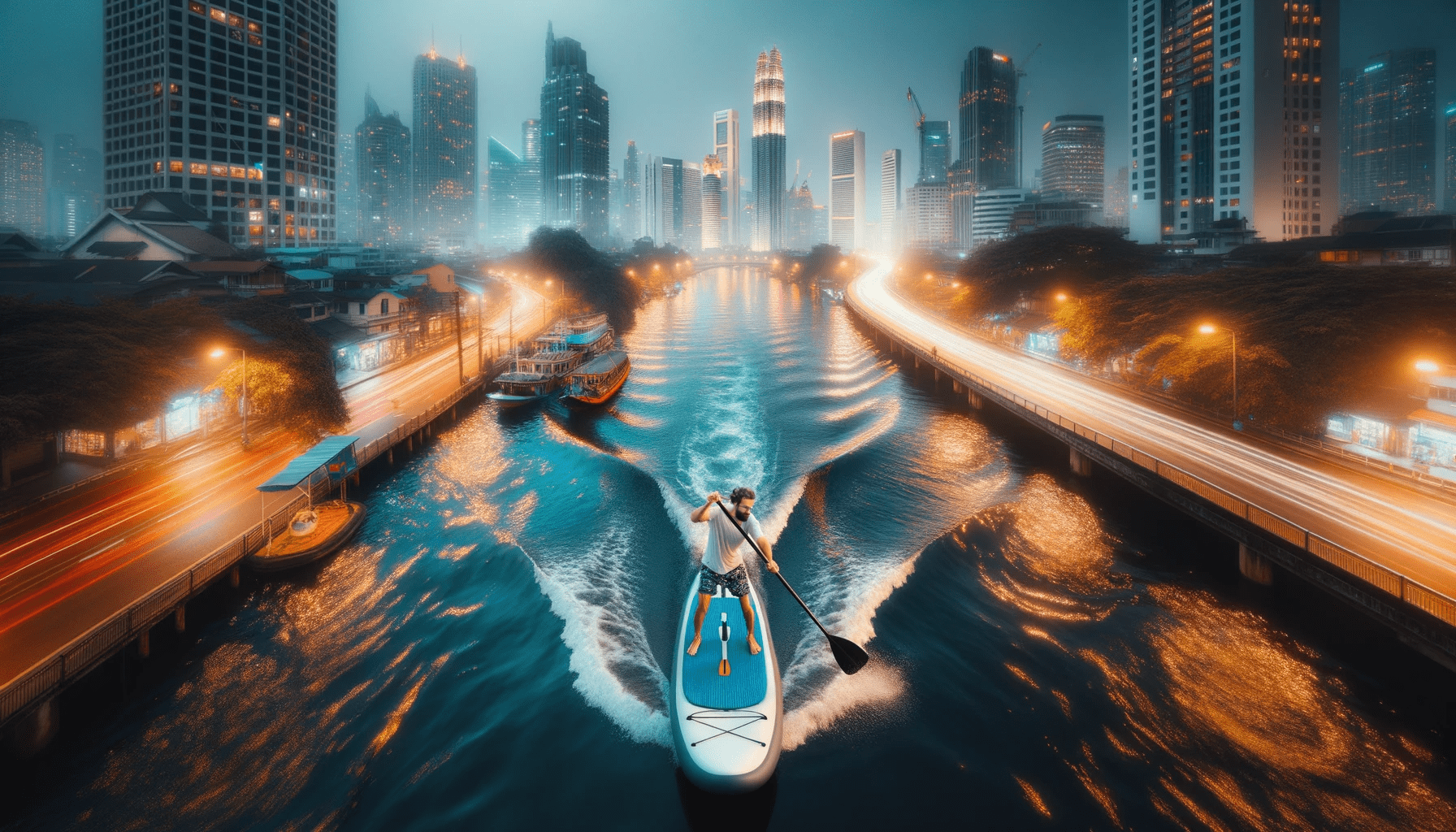 Photo of a paddleboarder on an inflatable board on a river flowing through a bustling city with the urban skyline and its glowing lights in the backgr.