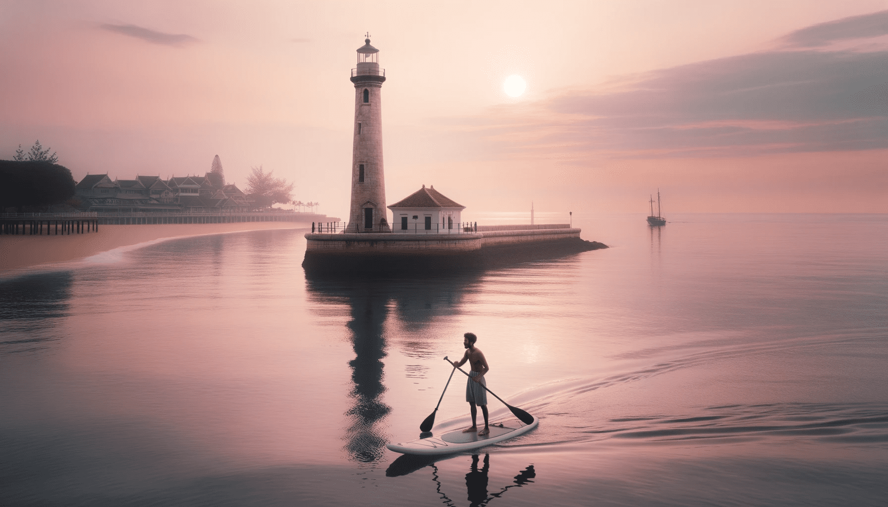 Photo of a serene coastal bay during sunrise. The sky is painted in soft pastel shades of peach and lavender. A man of South Asian descent paddleboard