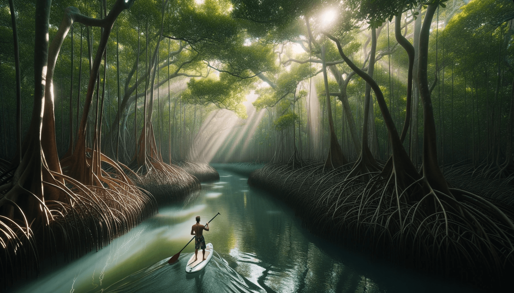 Photo of a tranquil mangrove forest with its intricate root system and calm water channels. The sun casts dappled light through the dense canopy. A ma