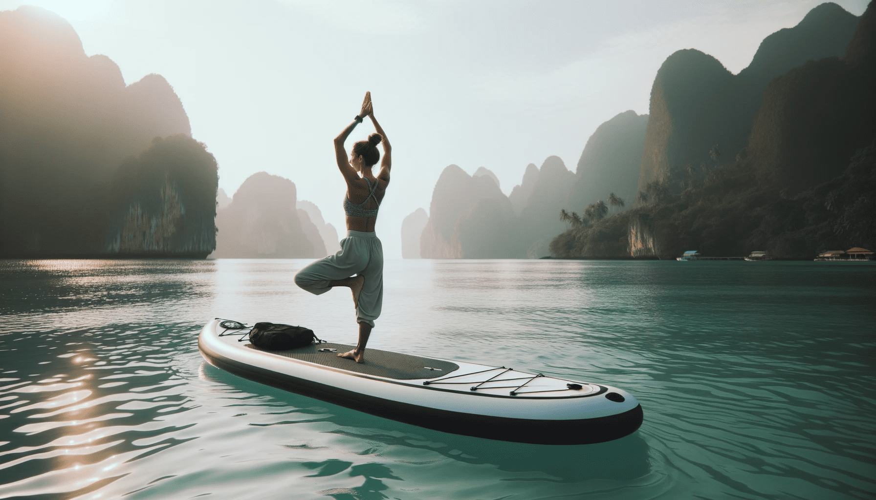 Photo of an individual performing yoga on an inflatable paddleboard, showcasing the balance and tranquility of the activity