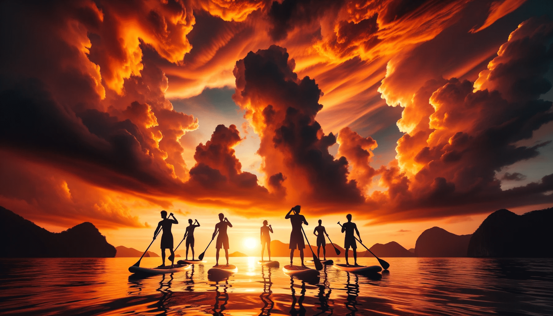 Photo of multiple paddleboarders in silhouette against a breathtaking backdrop of a fiery sunset