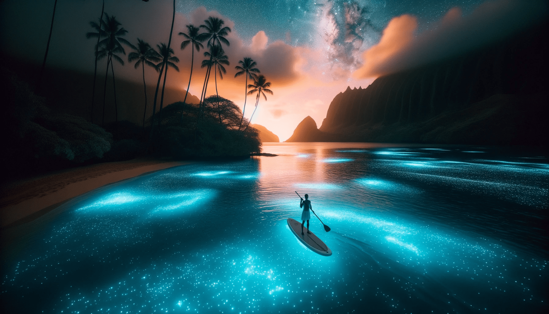 Photo reminiscent of the bioluminescent bay setting, but with a Hawaiian twist. The waters of a secluded Hawaiian cove glow with natural luminescence