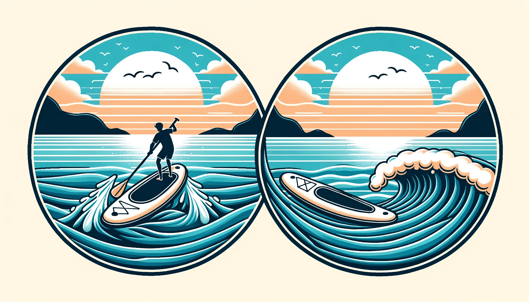 Vector design displaying two inflatable paddleboards side by side, one on calm waters and the other riding a gentle wave