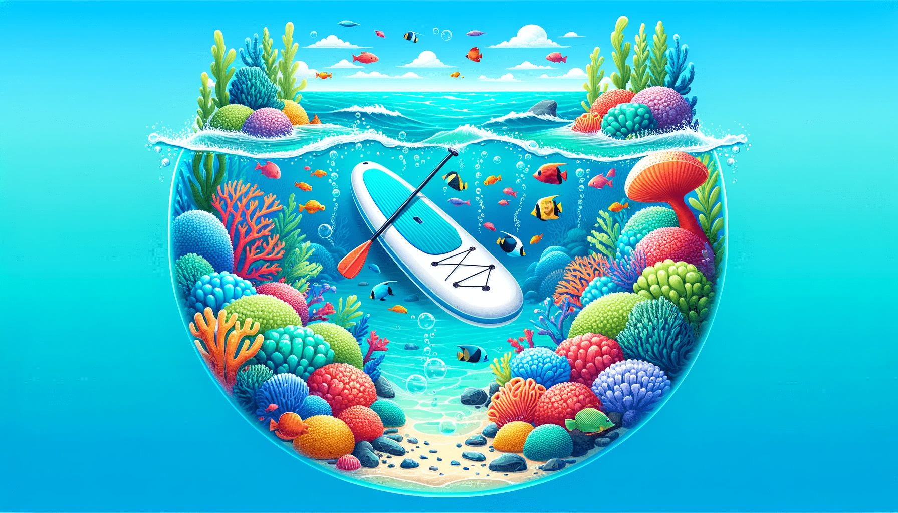 Vector design of an inflatable paddleboard on clear blue waters surrounded by colorful coral reefs and tropical fish