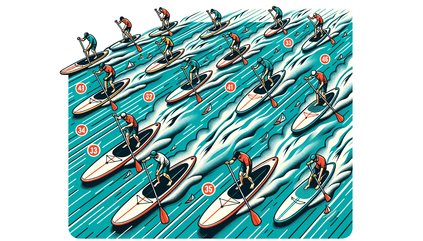 Vector design of multiple paddleboarders racing on a marked course, highlighting the competitive side of paddleboarding