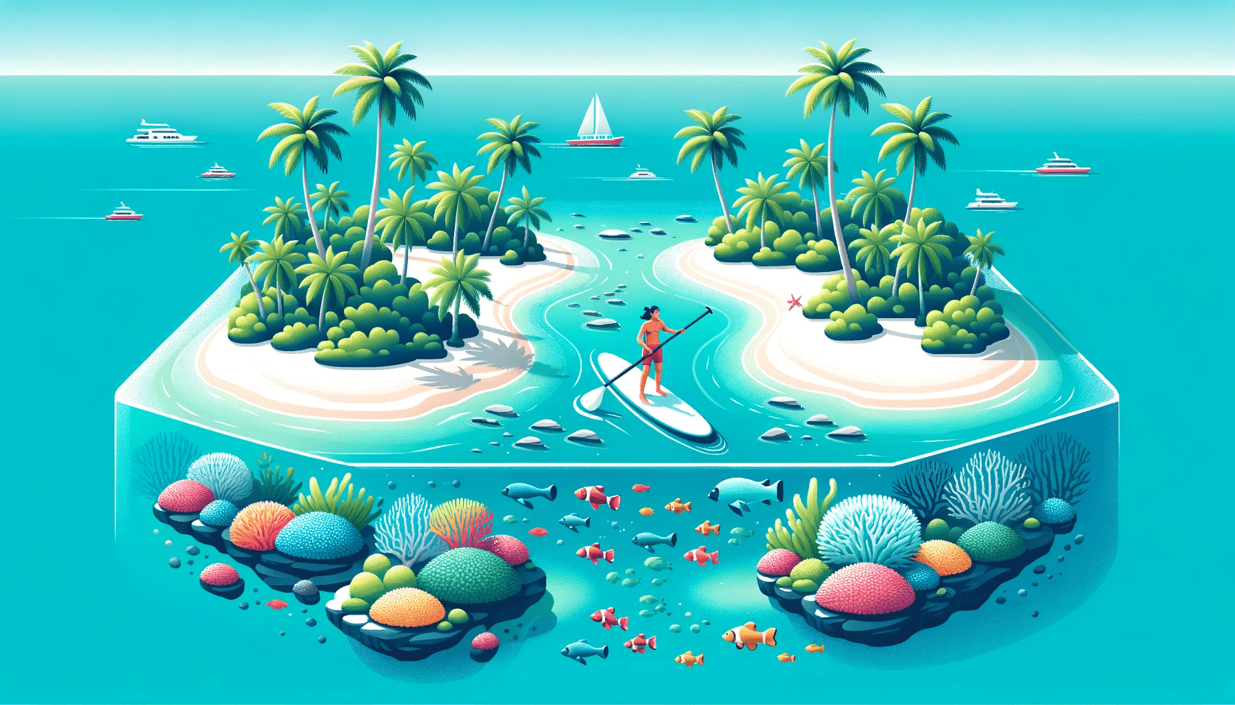 Vector design showcasing a paddleboarder navigating between small tropical islands with palm trees, white sandy beaches, and colorful marine life belo