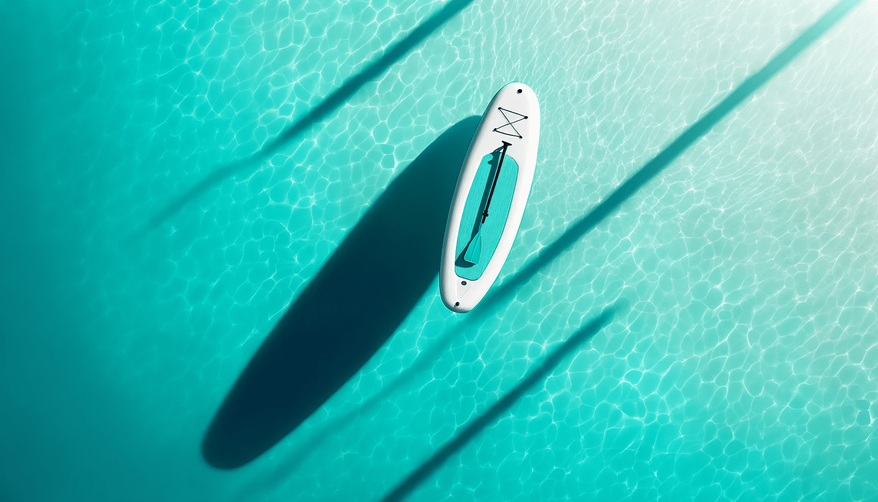 Vector design showing a bird's-eye view of an inflatable paddleboard on a turquoise blue sea, casting a long shadow